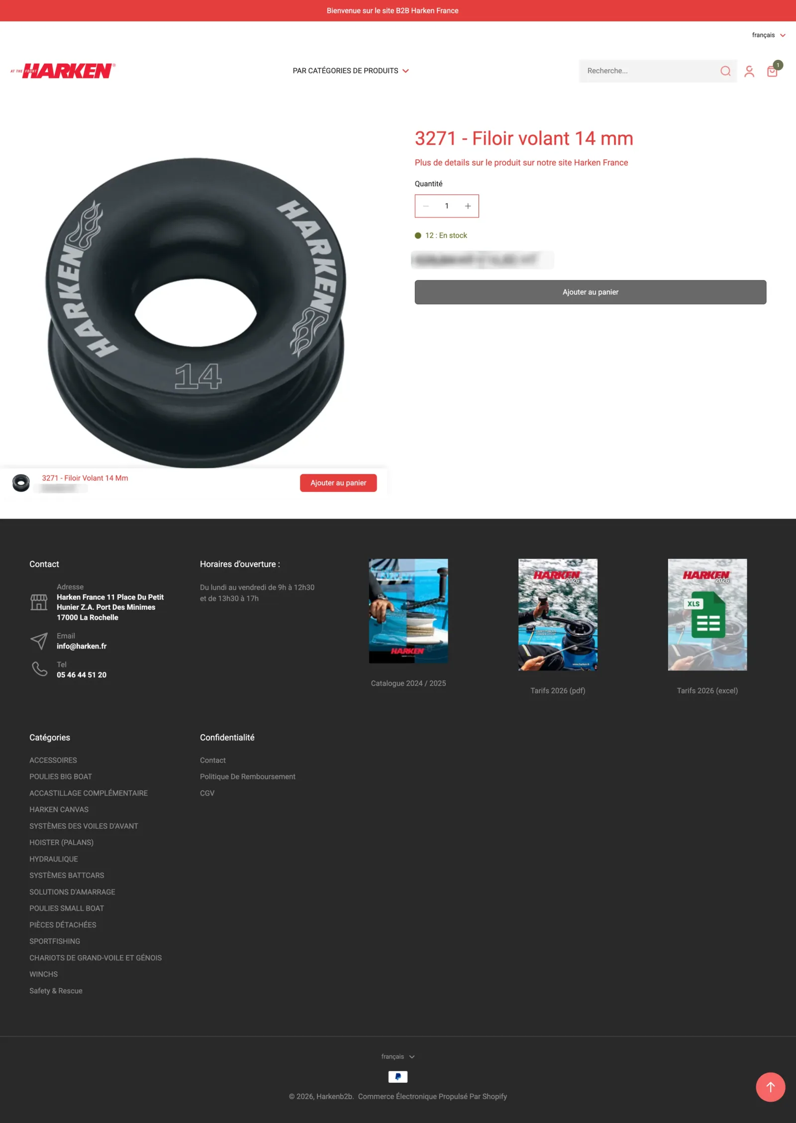Espace compte client Harken B2B — interface de suivi commandes et téléchargement de factures