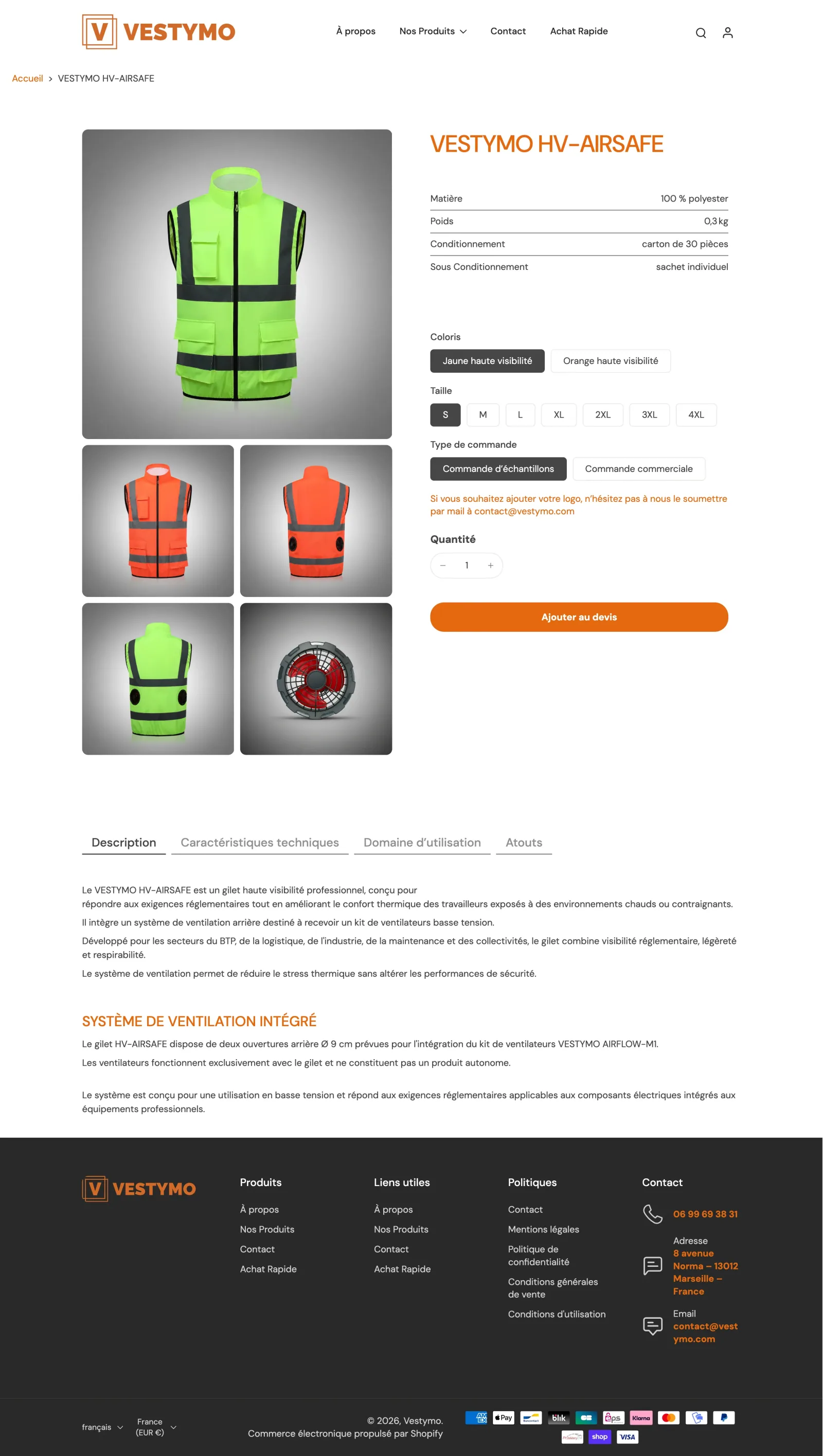 Formulaire de devis Vestymo — parcours d'achat sur-mesure sans logique panier standard